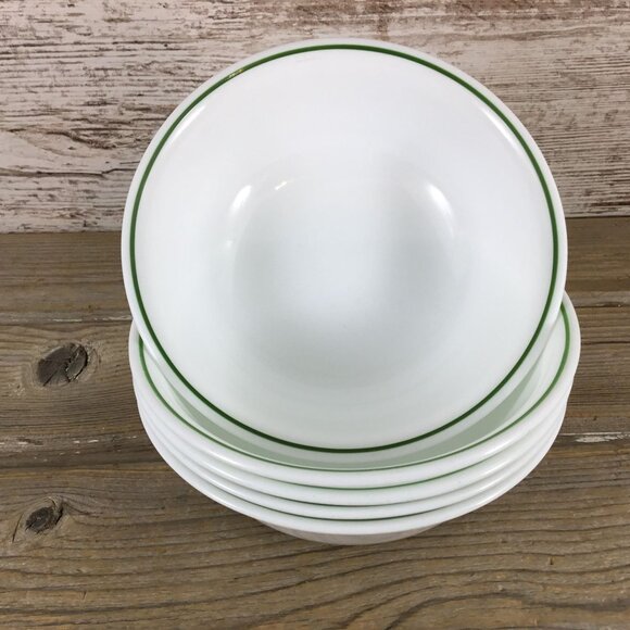 Corelle Set Of 5 White Soup/Cereal Bowls with Dark Green Band 6 1/4" - Picture 1 of 12